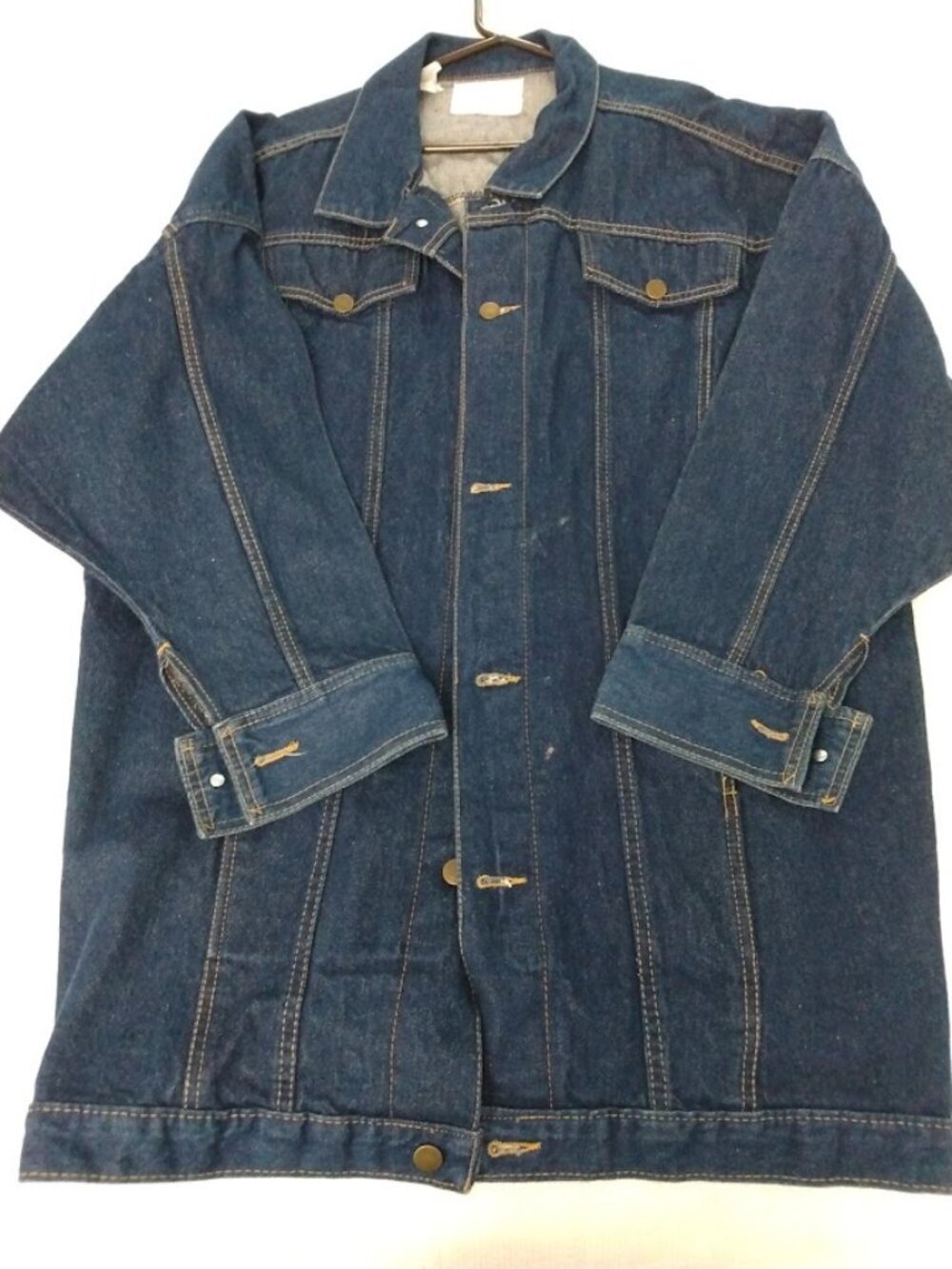 No Excuses Vintage Denim Jean Jacket XXL 100% Cotton Long Dark Wash 80s FLAWS